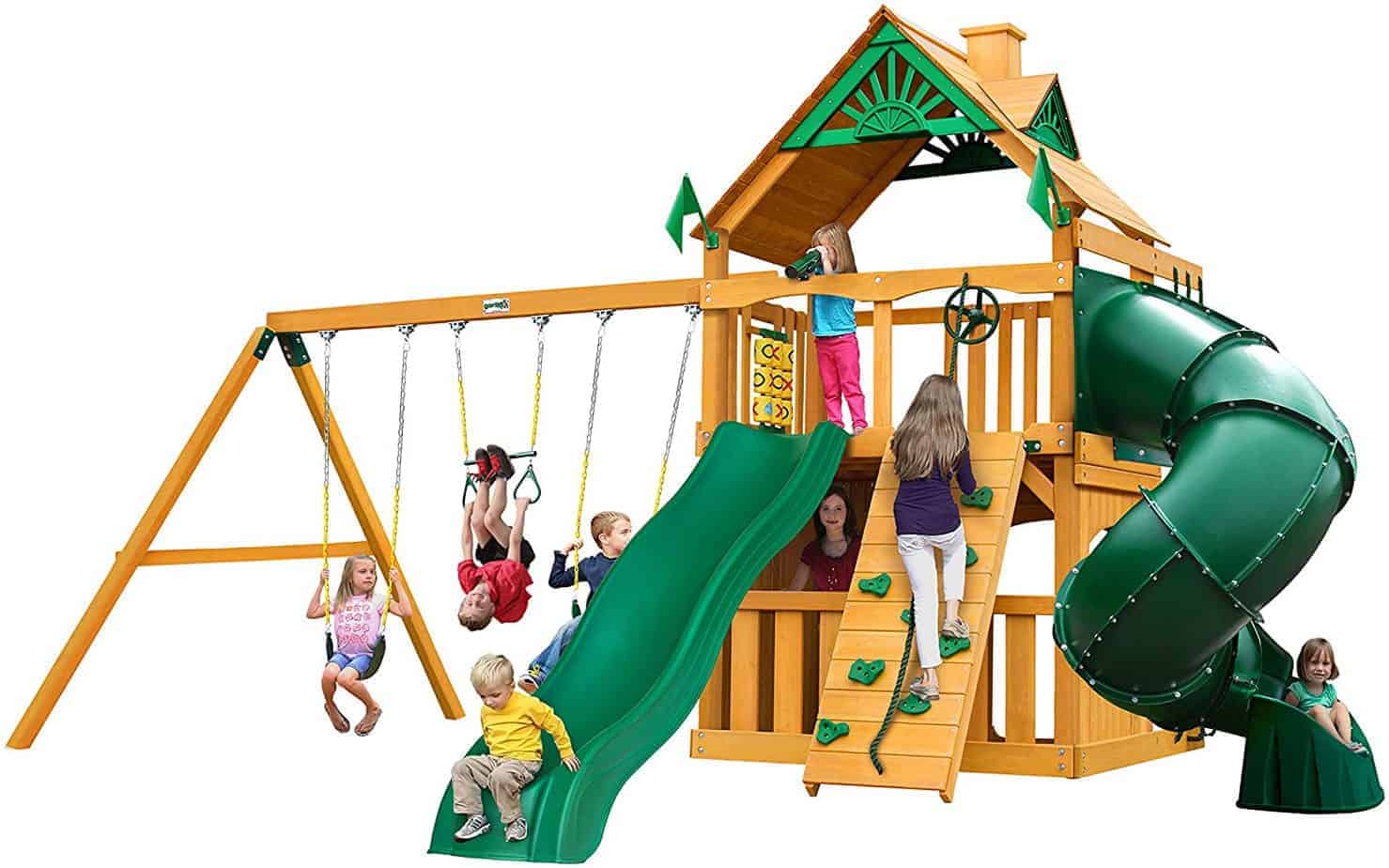 Gorilla Playsets Mountaineer Clubhouse Wood Swing Set with Tube Slide