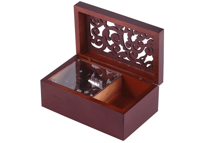 18 Note Engraved Hand Crank Wooden Musical Box with Silver Plating