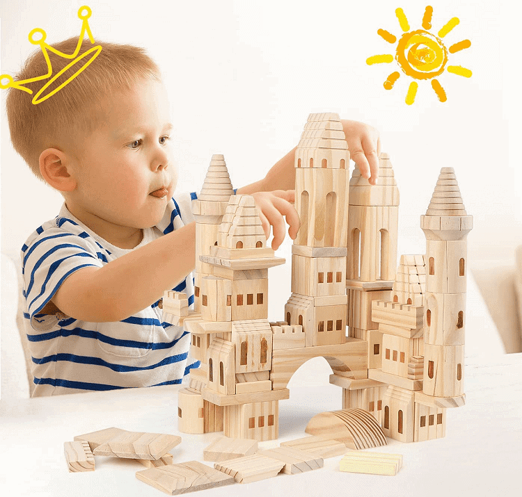 Garlictoys 75 Piece Set Wooden Castle Retro Building Blocks Set